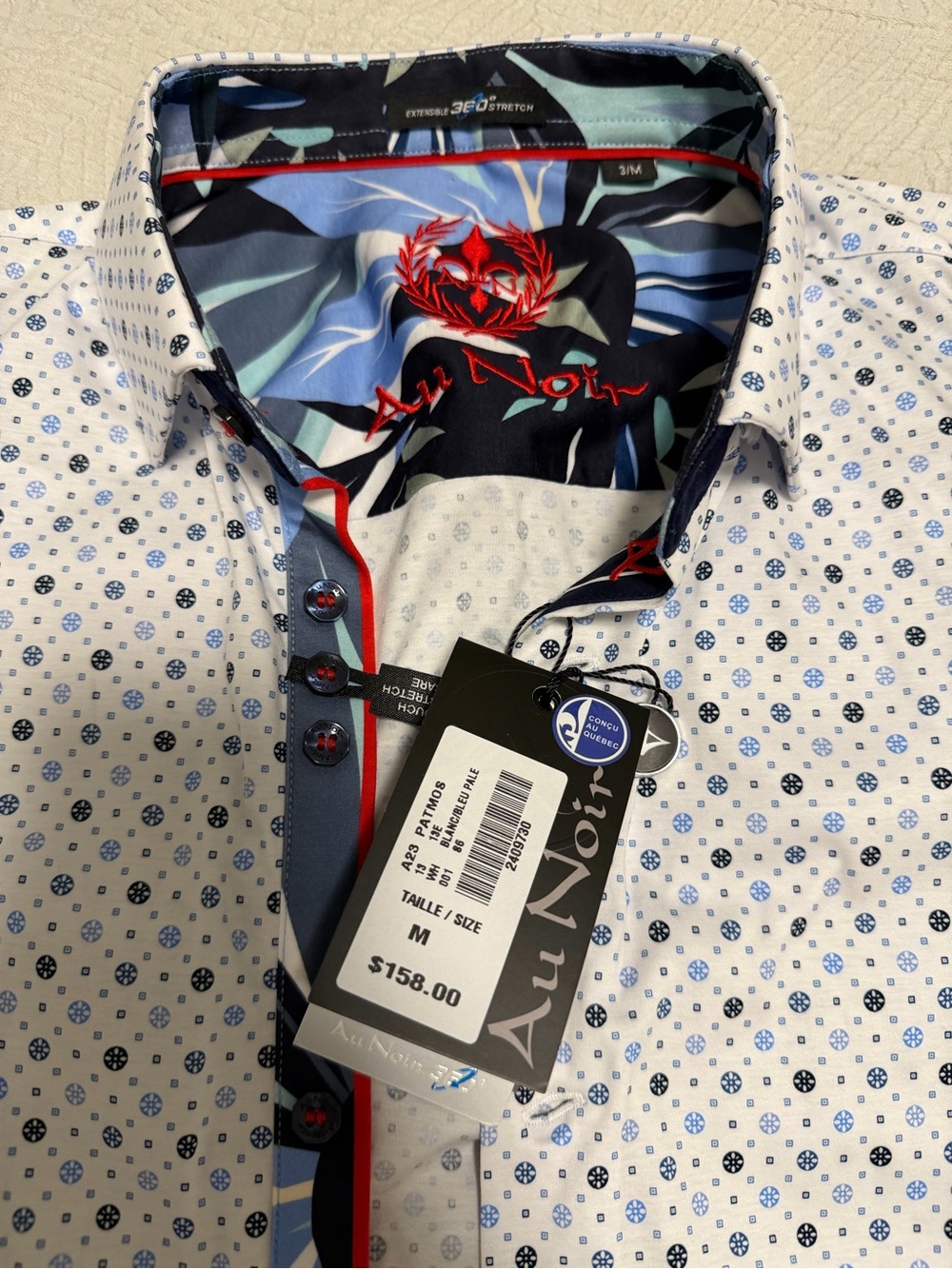 NWT AuNoir White Short-Sleeve Micro Dot Button-Down Shirt with Navy Accents